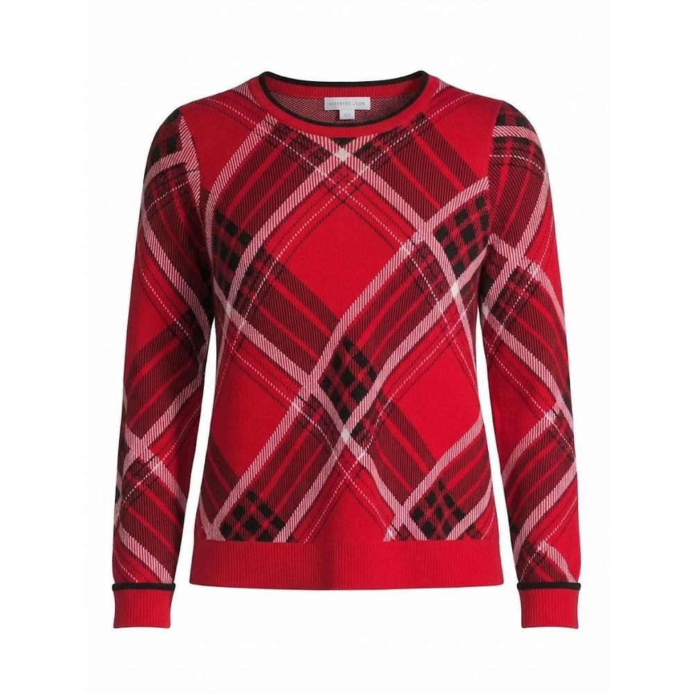 Charter Club Sweater Womens XS Red Plaid Tartan Crewneck Preppy Dark Academia